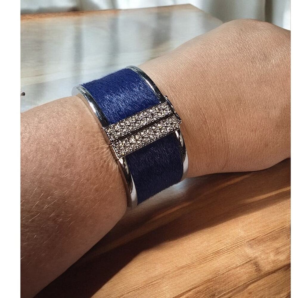 Ann Taylor Navy Faux Fur & Rhinestone Hinged Bangle Bracelet